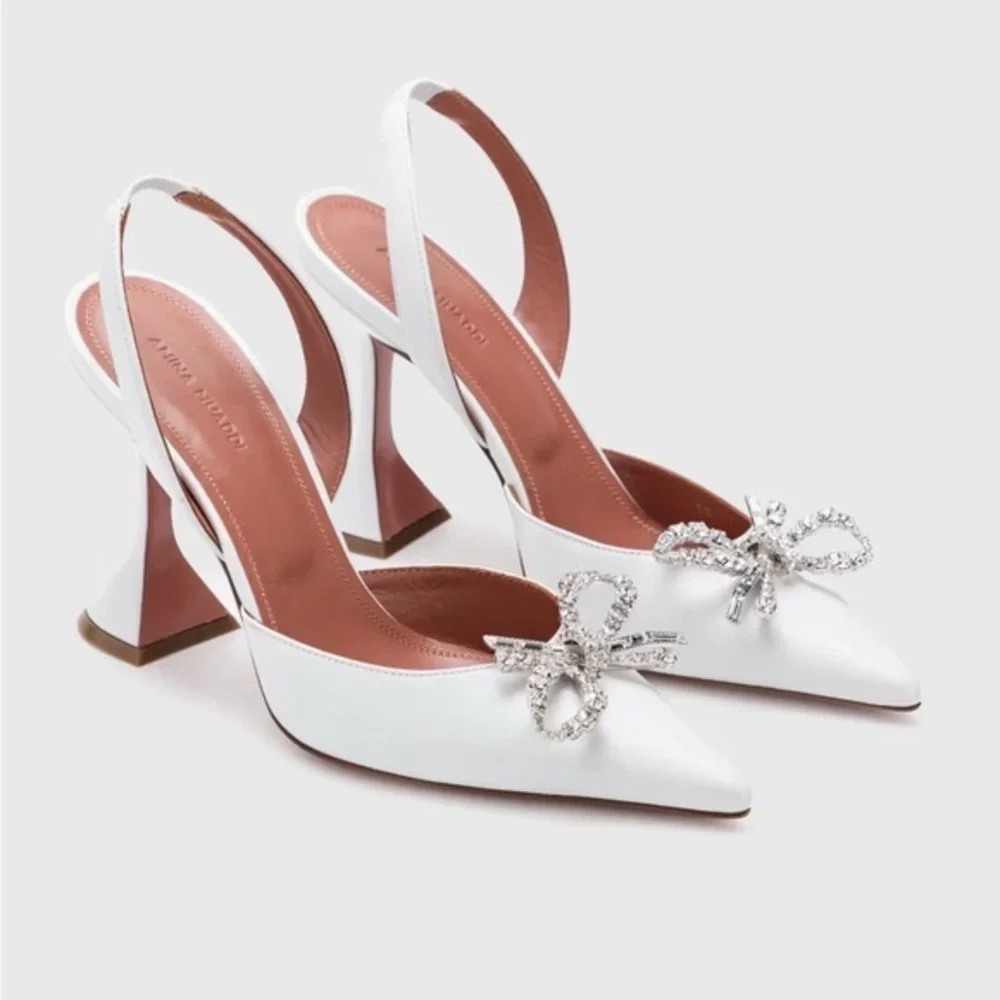 Amina Muaddi Rosie White Heels with Crystal Bow size 36